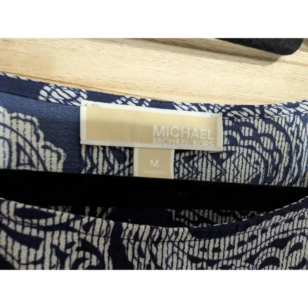 MICHAEL KORS Women’s Blue Paisley Print Side Tie Shirt Pleated Size‎ US Medium